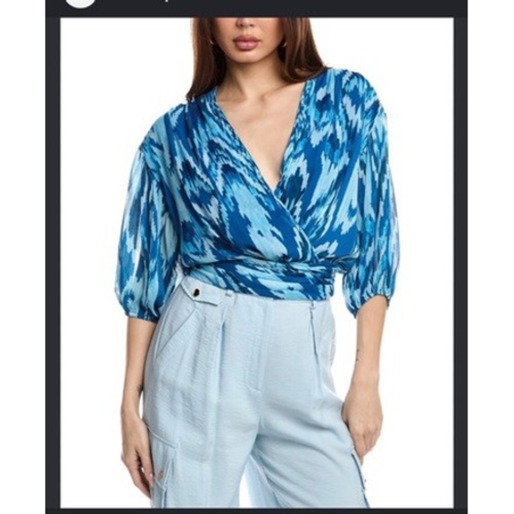 Ramy Brook Blue Ikat Print Smocked Wrap Top V-Neck Puff Sleeve XS